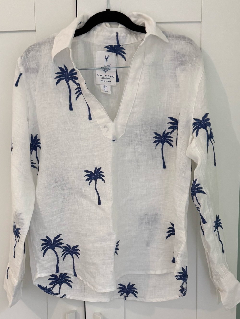 Calypso St. Barth White Linen Button-Front Shirt with Navy Palm Print NEVER WORN